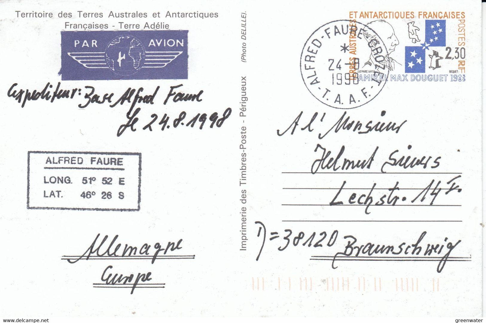 TAAF 1989 Max Douguet Postal Stationery N° 1 Used Alfred Faure 24-8-1998 (57571) - Interi Postali