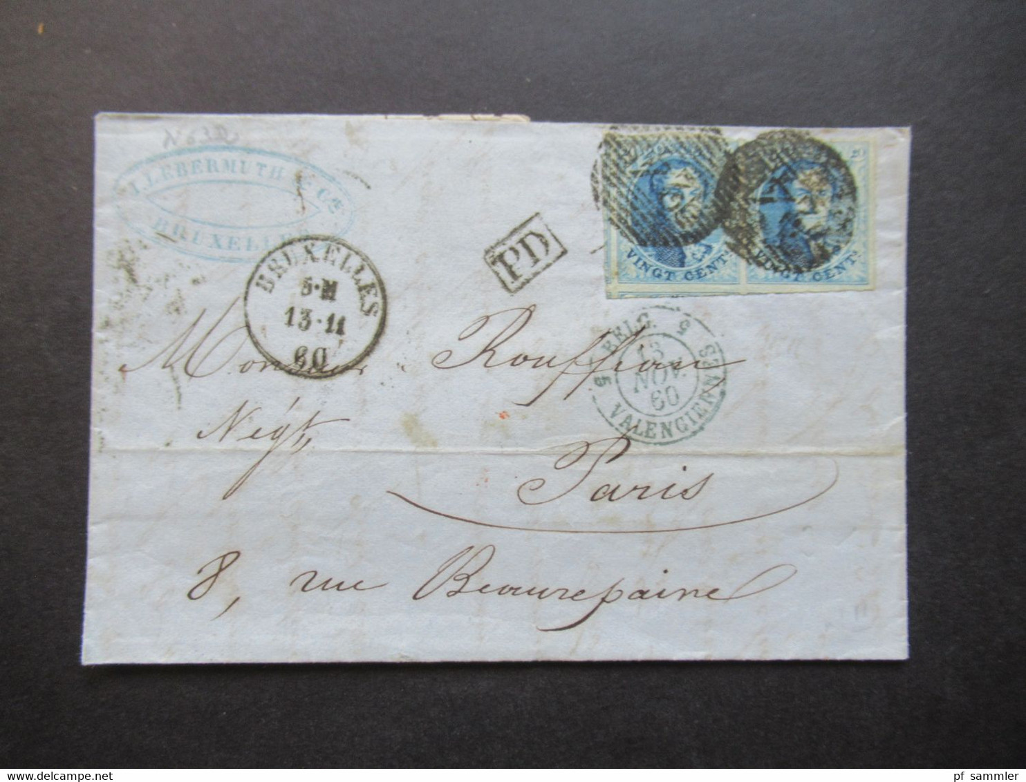 Belgien 1860 König Leopold I. Waagerechtes Paar Nummerstempel 24 / PD / Belg. Valenciennes Auslandsbrief Bruxelles-Paris - 1858-1862 Médaillons (9/12)