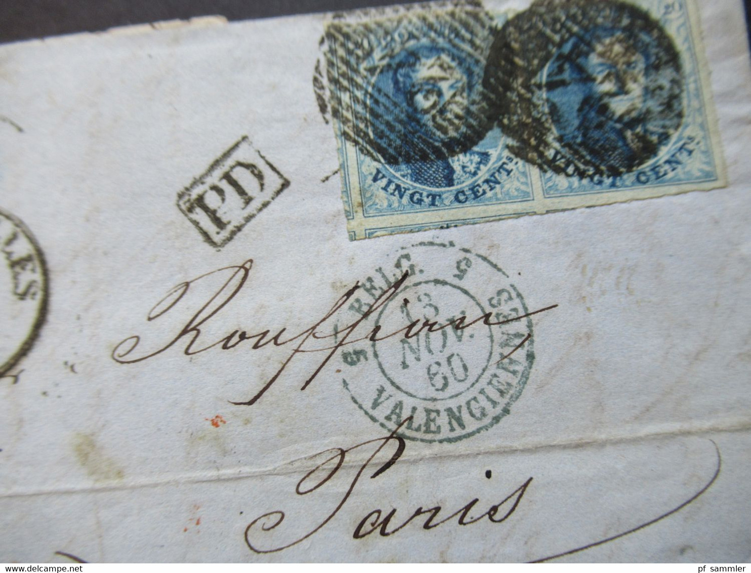 Belgien 1860 König Leopold I. Waagerechtes Paar Nummerstempel 24 / PD / Belg. Valenciennes Auslandsbrief Bruxelles-Paris - 1858-1862 Medaillons (9/12)