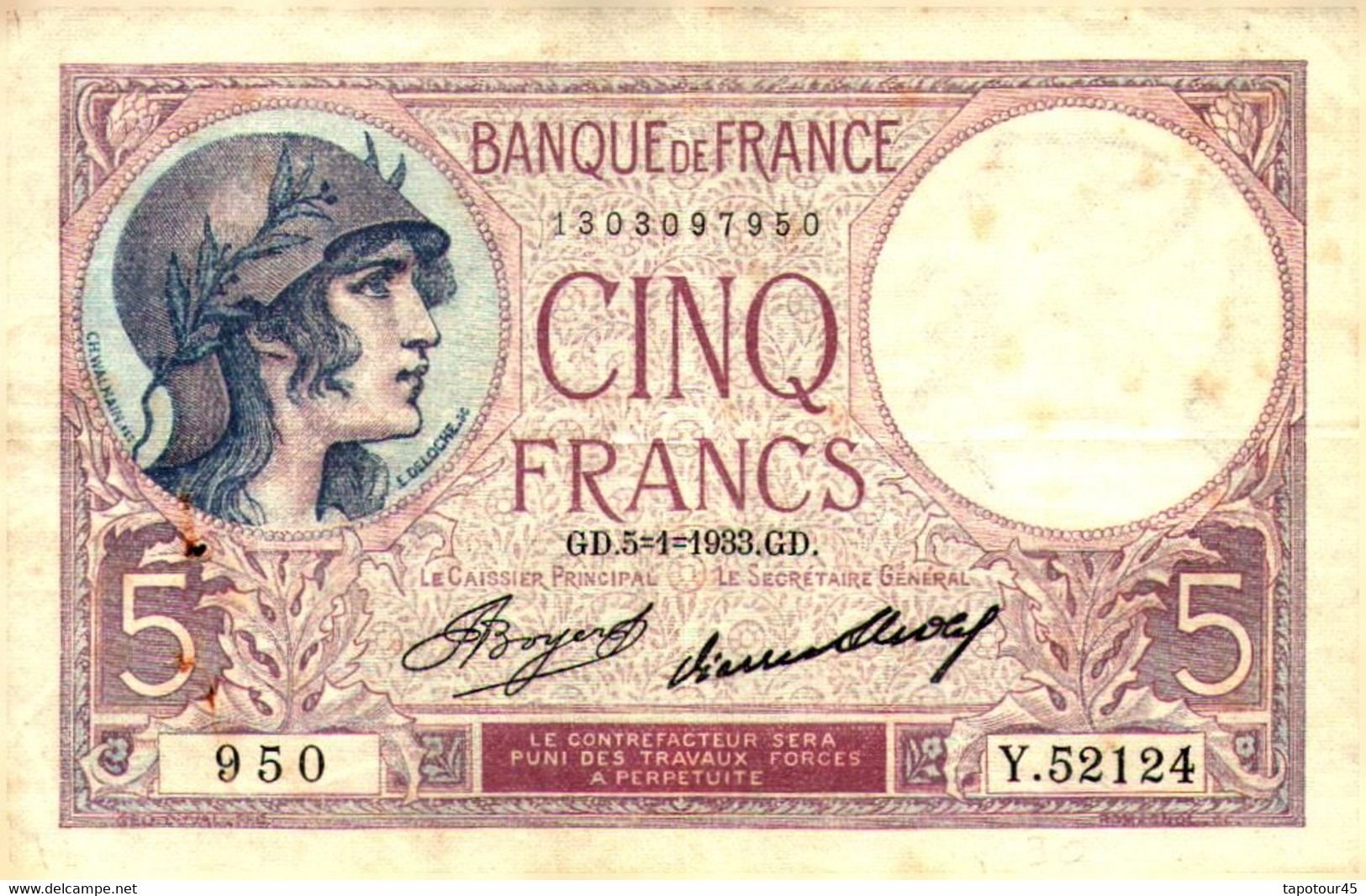 T 1 >   France 	5 Francs 	5/1/1933 GD	TB	1303097950	Y52124 - 5 F 1917-1940 ''Violet''