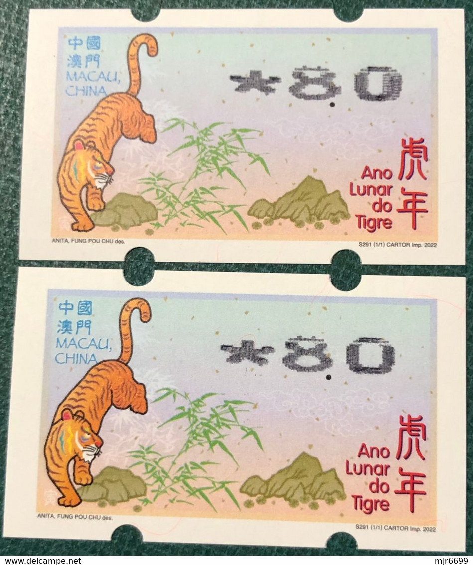 LUNAR NEW YEAR OF THE TIGER ATM LABELS - 8.00 PATACAS VARIETY PRINT "BOLD ZERO"NORMAL FOR COMPARISION - Distributeurs