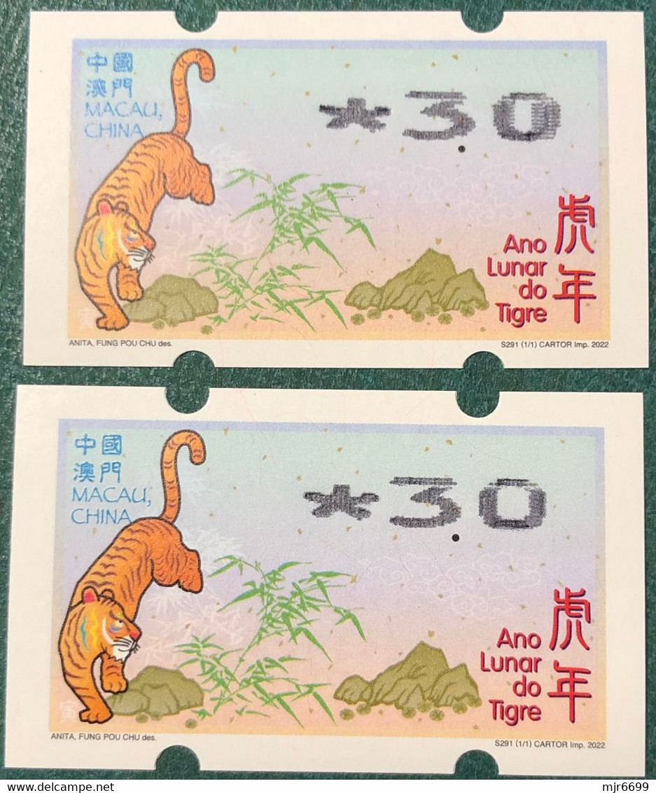 LUNAR NEW YEAR OF THE TIGER ATM LABELS - 3.00 PATACAS VARIETY PRINT "BOLD ZERO"NORMAL FOR COMPARISION - Automaten