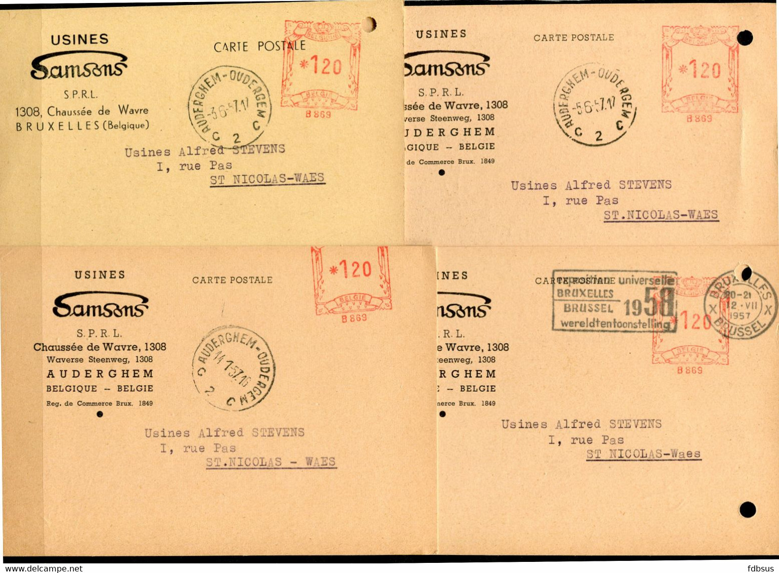 4 Kaarten Van USINES SAMSONS Met Rode Machine Stempel Naar Sint Niklaas - Stempel AUDERGHEM OUDERGEM - ...-1959