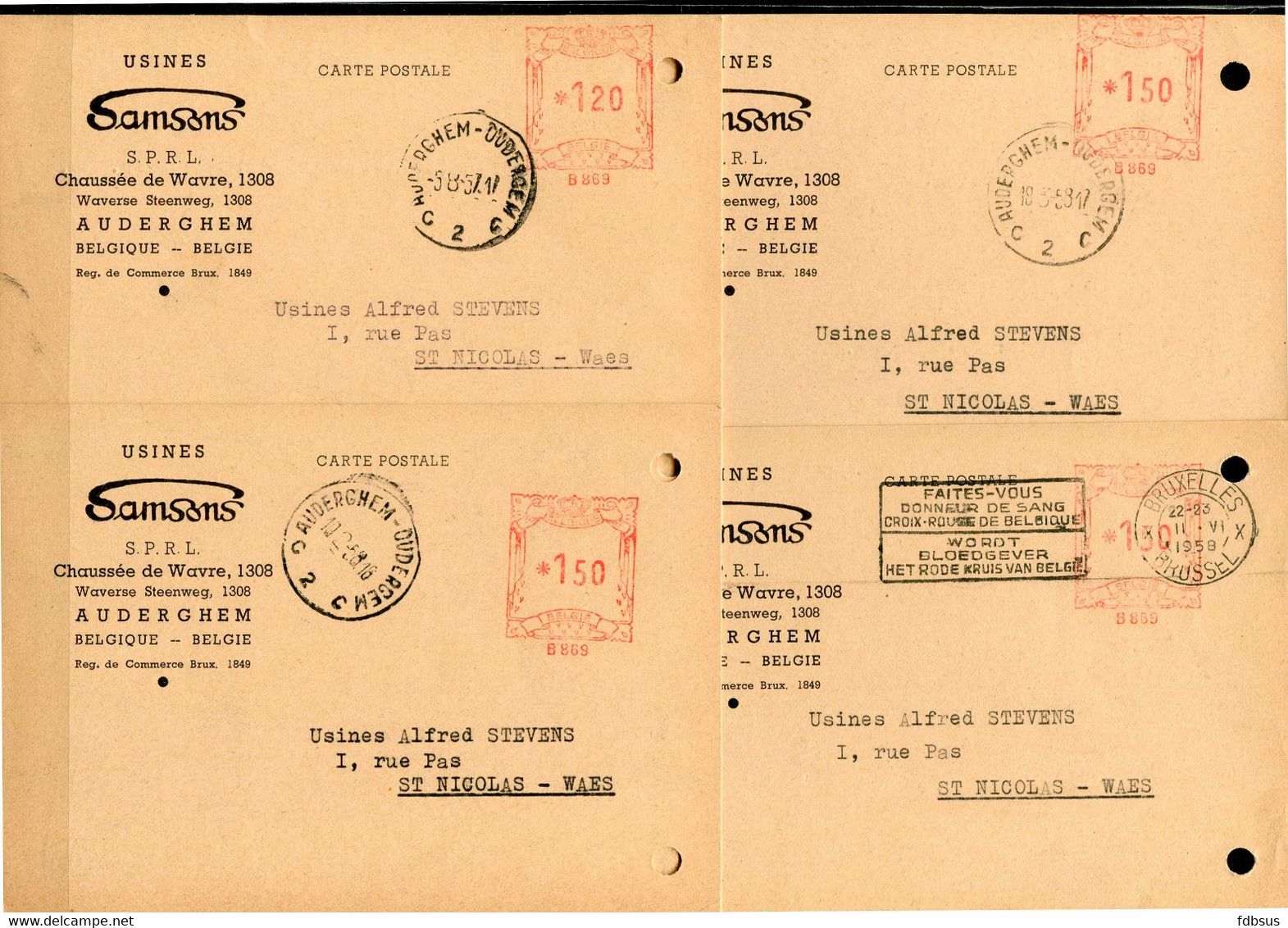 4 Kaarten Van USINES SAMSONS Met Rode Machine Stempel Naar Sint Niklaas - Stempel AUDERGHEM OUDERGEM - ...-1959