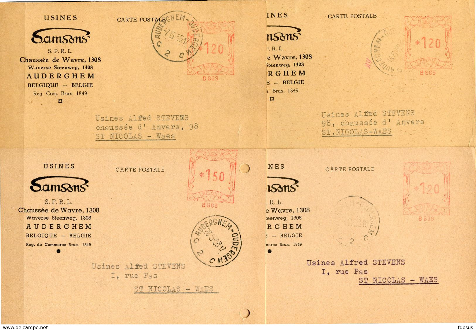 4 Kaarten Van USINES SAMSONS Met Rode Machine Stempel Naar Sint Niklaas - Stempel AUDERGHEM OUDERGEM - ...-1959