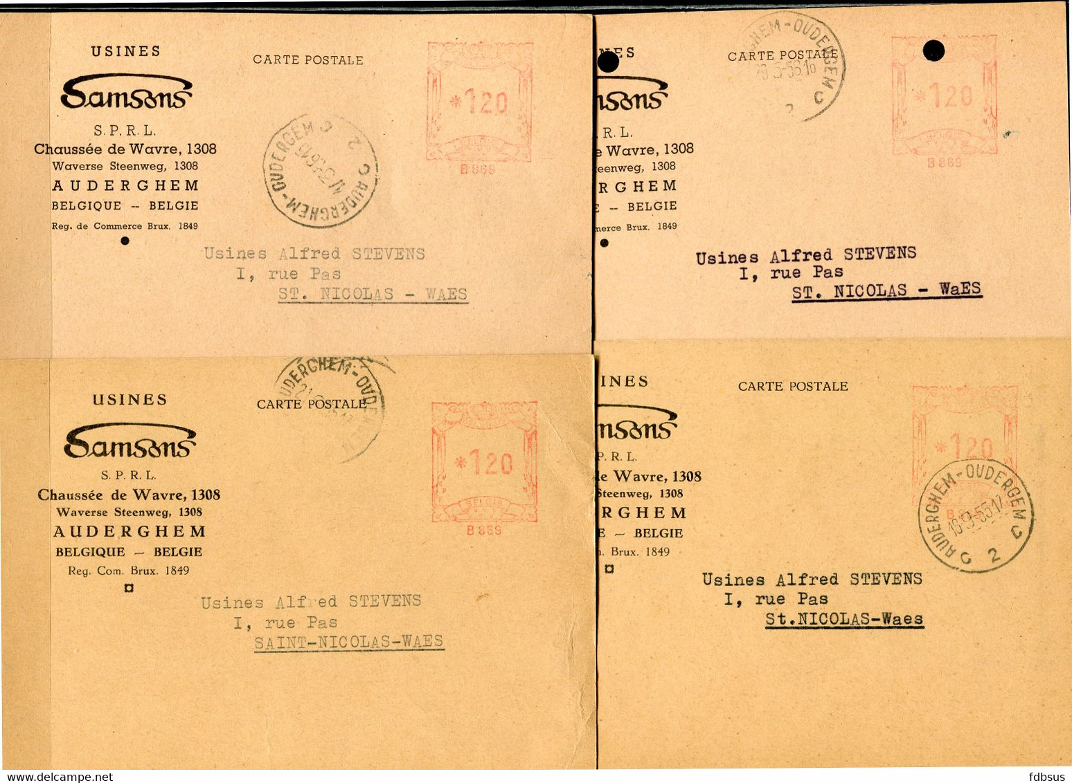 4 Kaarten Van USINES SAMSONS Met Rode Machine Stempel Naar Sint Niklaas - Stempel AUDERGHEM OUDERGEM - ...-1959