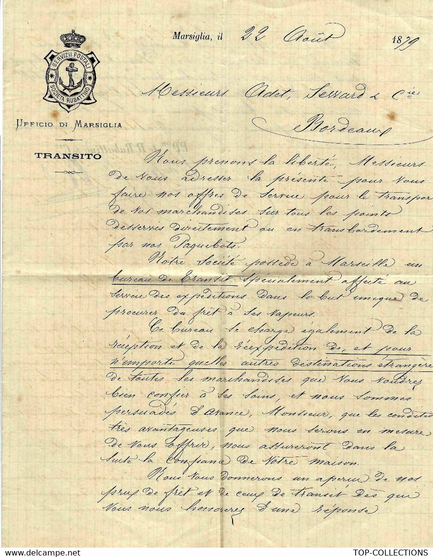 1879 NAVIGATION ARMATEUR Italie   RUBITTANO OFFRE DE SERVICE Service Postal Rubattino Marseille => Adet Seward Bordeaux - Italy