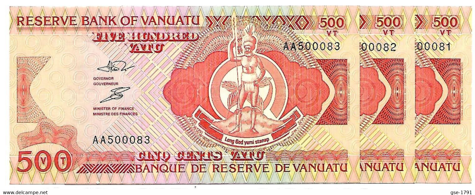 VANUATU  500 VATU 1993 ( Virani ) Lot De 3 Billets  AA  Sign 3  Petit N° NEUFS - Vanuatu