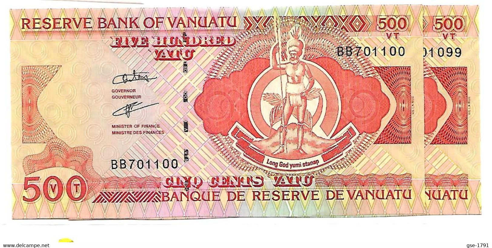 VANUATU  500 VATU 2005 ( Odo Tevi ) Lot De 2  Billets  BB   Fil D'argent.   NEUFS - Vanuatu