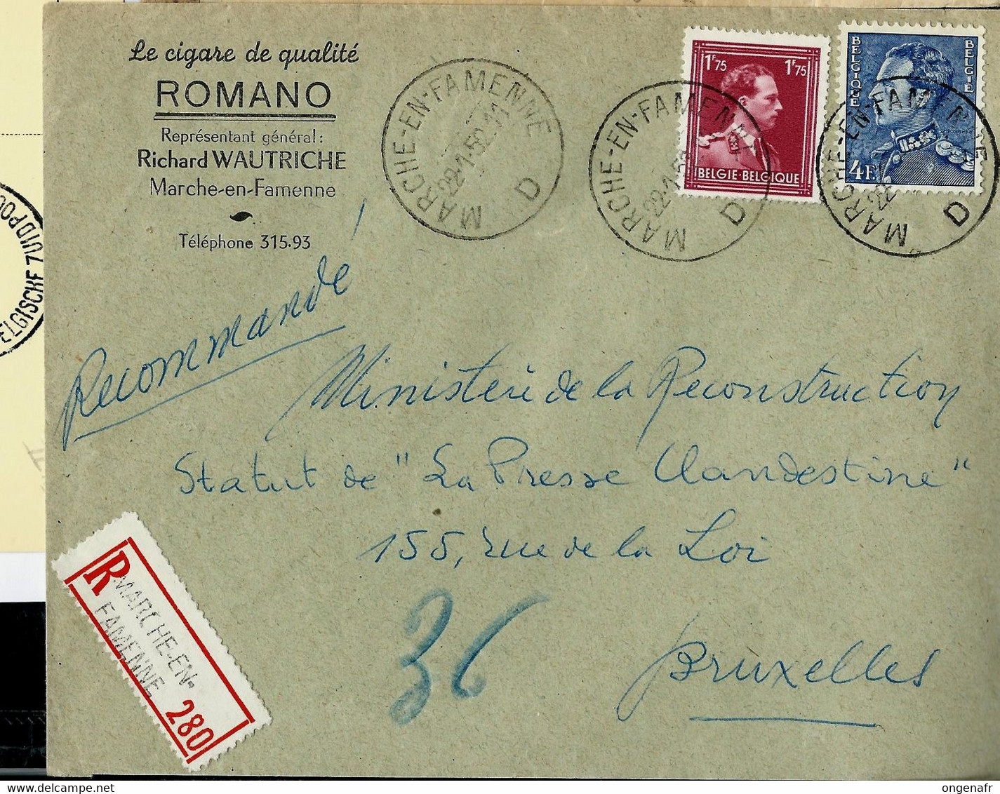 Env. (Entière) Obl. MARCHE-EN-FAMENNE  - D - Du 22/01/52 En Rec. - Poste Rurale