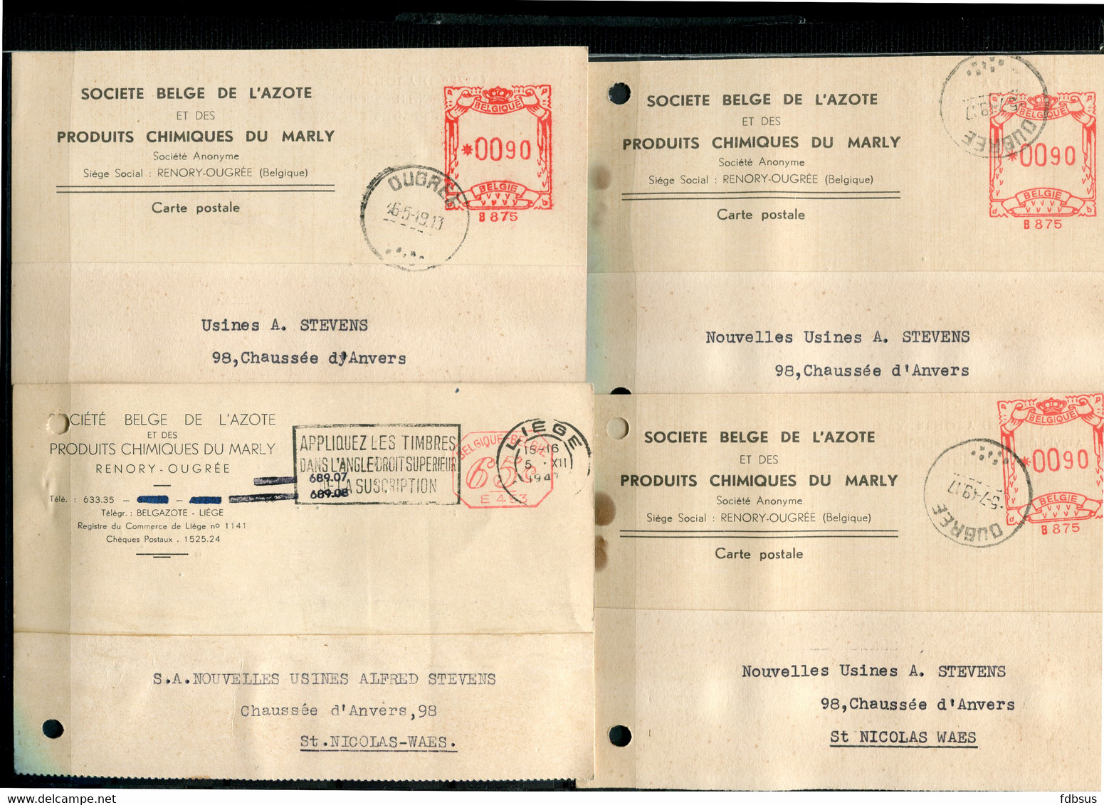 4 Kaarten Van SOCIETE BELGE DE L'AZOTE ET DES PRODUITS CHIMIQUES DU MARLY - Renory Ougrée - ...-1959