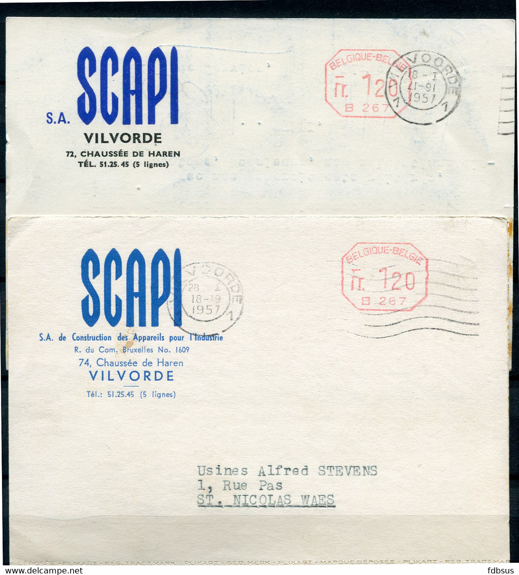 1957 2 Kaarten Van SCAPI S.A.  Vilvorde -  Rode Machine Frankering  1.20 Fr  B 267 - ...-1959