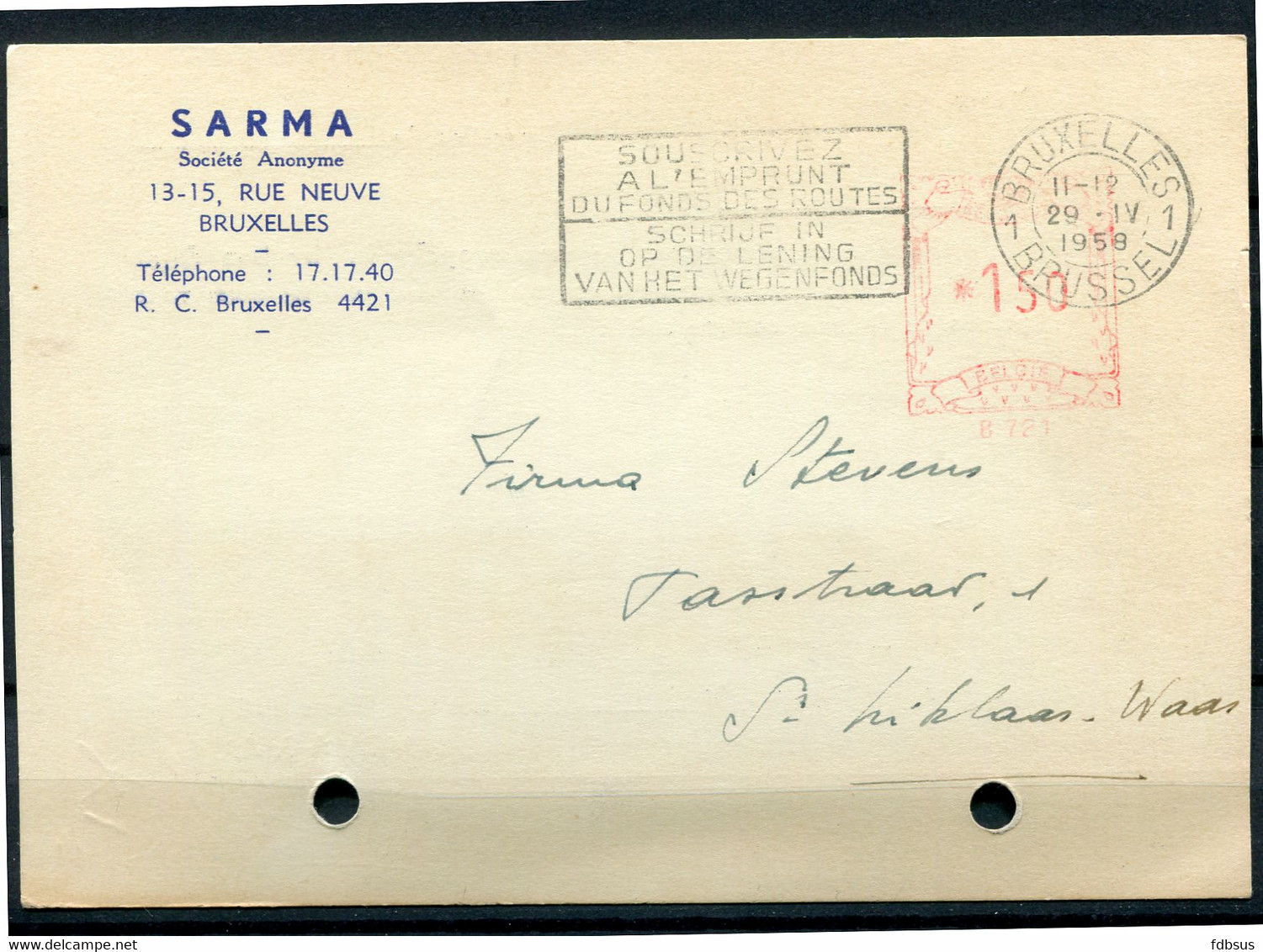 1958 Kaart Van S.A. SARMA Bruxelles  -  Rode Machine Frankering  * 1.50 Fr - ...-1959