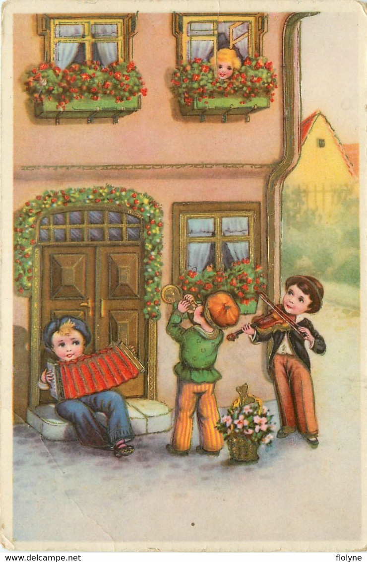 Cpa Illustrateur - Enfants Jouant De La Musique Sous Les Fenêtres D'une Fillette - Dorée - 1900-1949