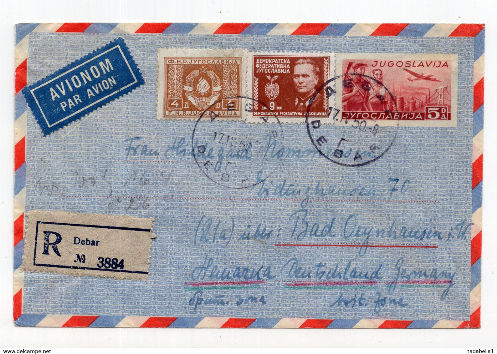 1950. YUGOSLAVIA,MACEDONIA,REGISTER AIRMAIL COVER,DEBAR TO GERMANY - Luchtpost