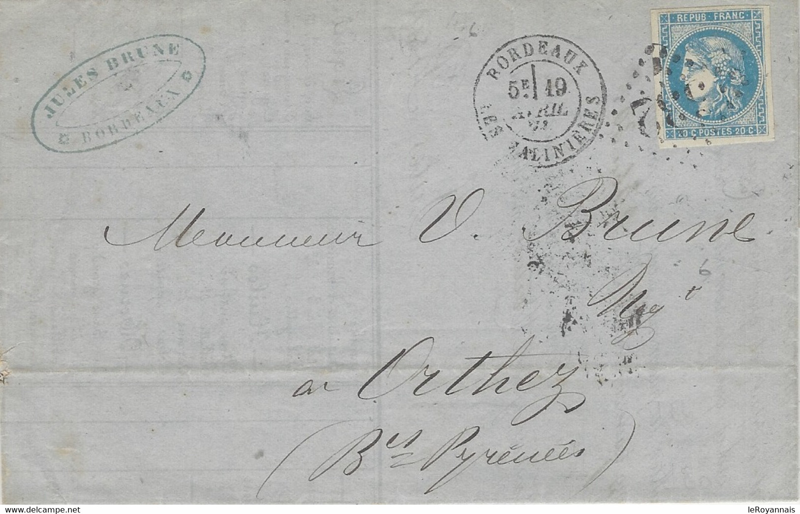 1871- Lettre De BORDEAUX / LES SALINIERES Affr. N°46 ( 4 Marges ) Oblit. G C 532 - 1849-1876: Klassik