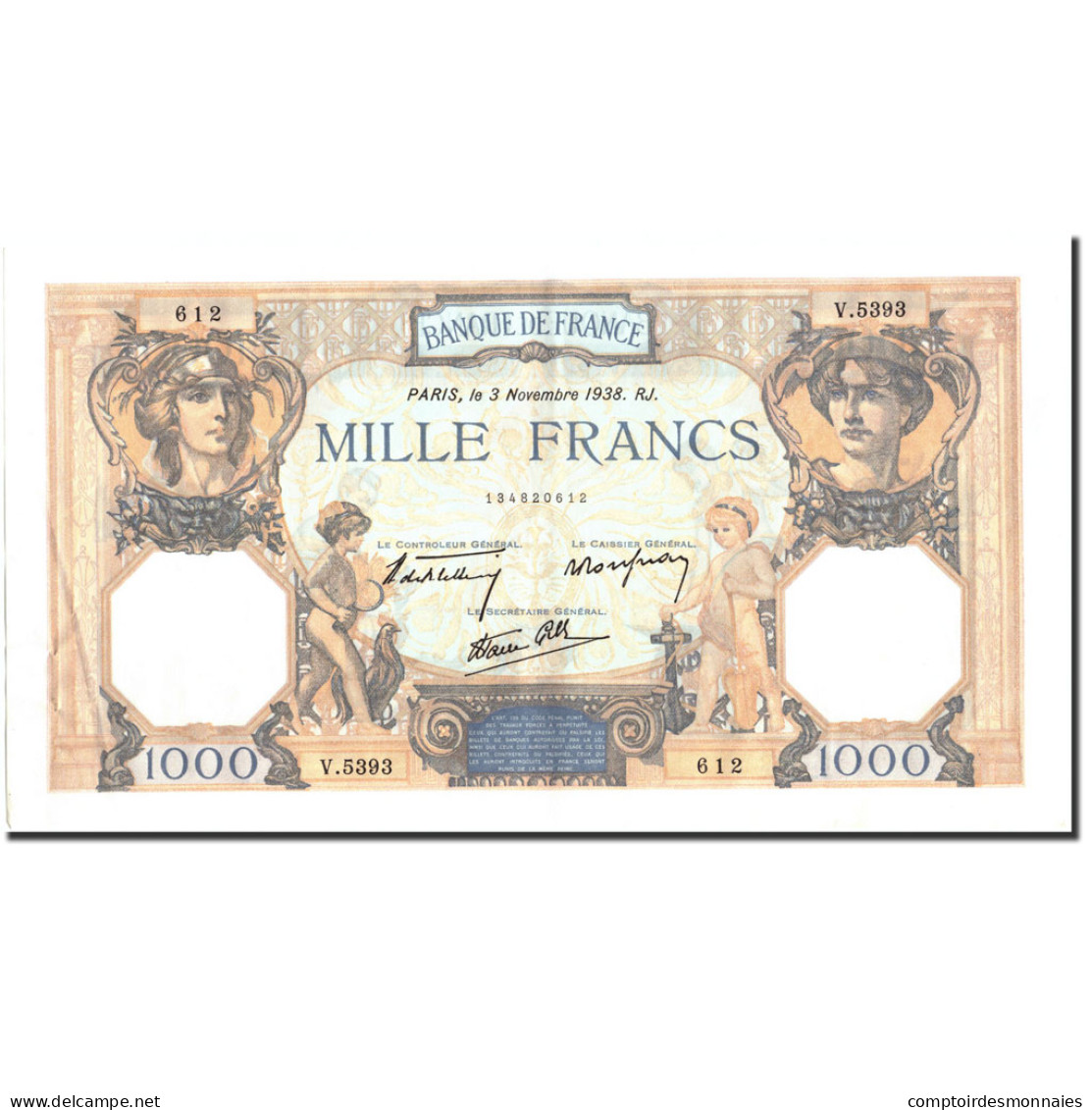 Billet, France, 1000 Francs, 1938, 1938-11-03, SUP, Fayette:38.32, KM:90c - 1 000 F 1927-1940 ''Cérès Et Mercure''