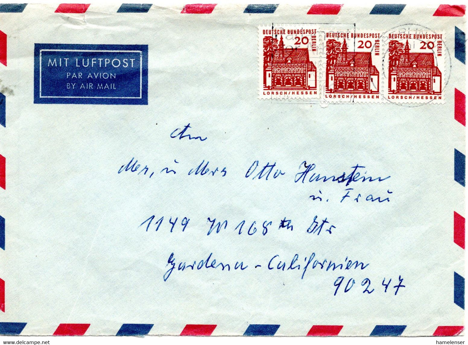 57354 - Berlin - 1965 - 3@20Pfg. Kl.Bauten (dabei Waag. Paar) A LpBf BERLIN -> Gardena, CA (USA) - Storia Postale