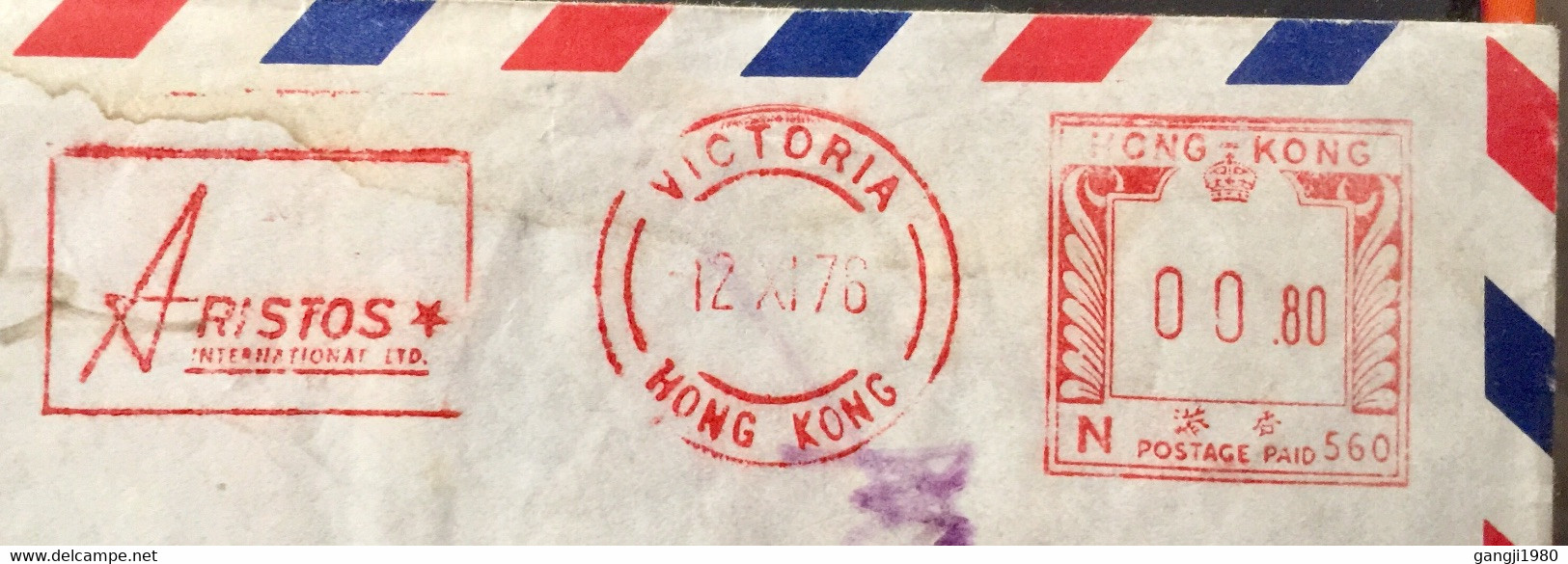 HONG KONG 1978, RED METER CANCELLATION ADVERTISEMENT,ARISTOS INT,LTD,VICTORIA POSTAL CANCELLATION ,AIRMAIL COVER TO INDI - Covers & Documents