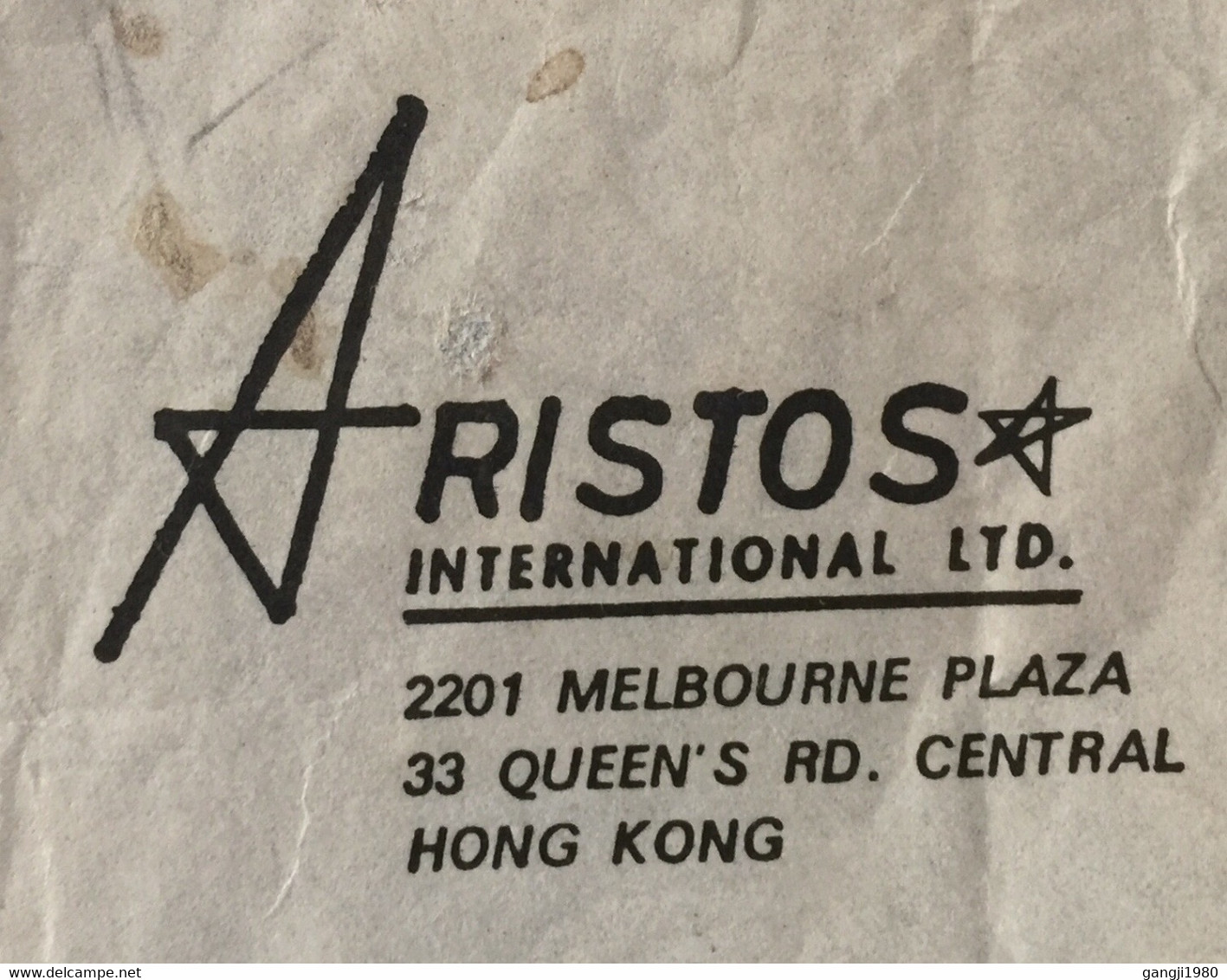 HONG KONG 1978, RED METER CANCELLATION ADVERTISEMENT,ARISTOS INT,LTD,VICTORIA POSTAL CANCELLATION ,AIRMAIL COVER TO INDI - Covers & Documents