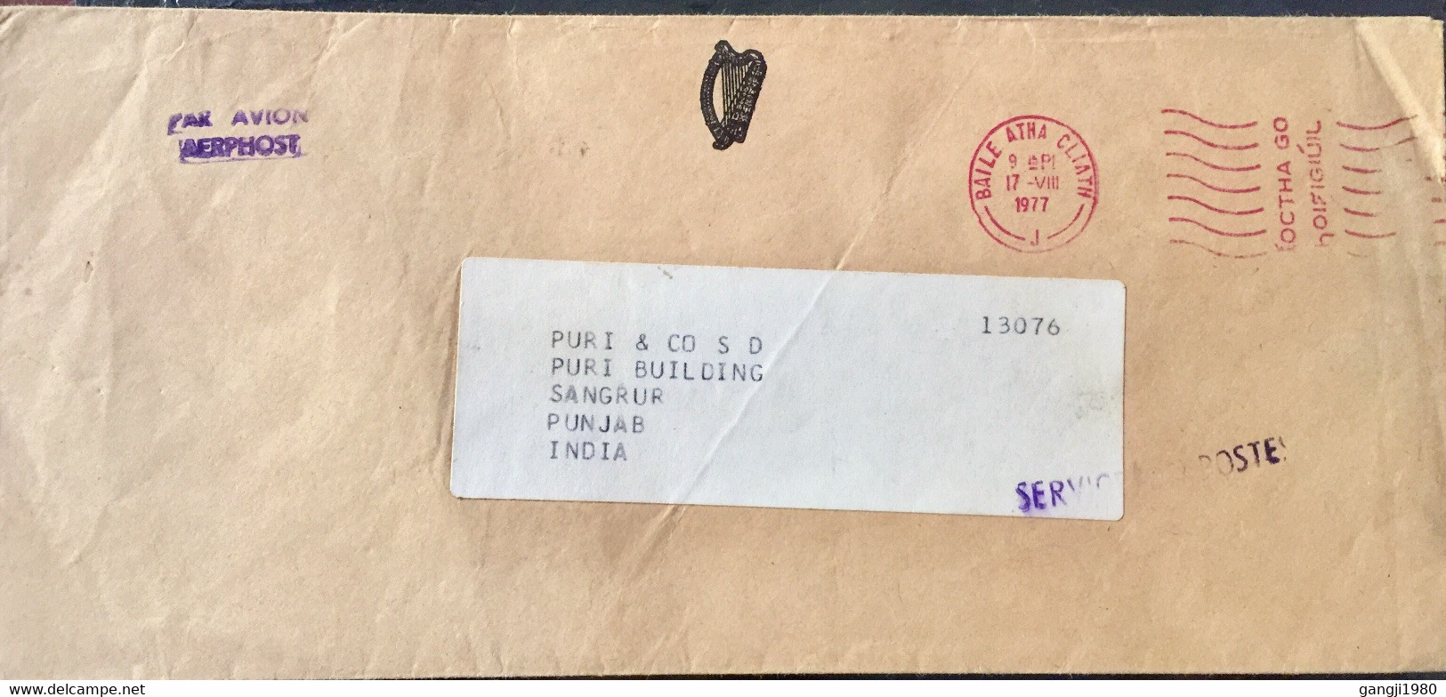 IRELAND 1977, USED AIRMAIL COVER TO INDIA,POSTAGE PAID IN IRISH LANGUAGE RED METER - Cartas & Documentos