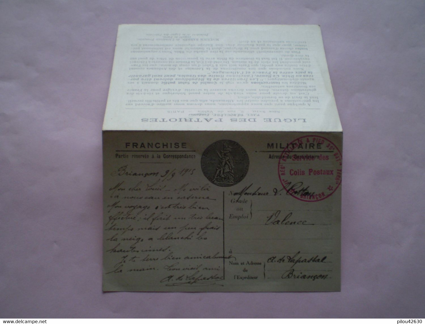 Militaria: Carte Lettre FM De La Ligue Des Patriotes11 Régiment D'artillerie à Pied, Service Des Colis Postaux Briançon - 1914-18