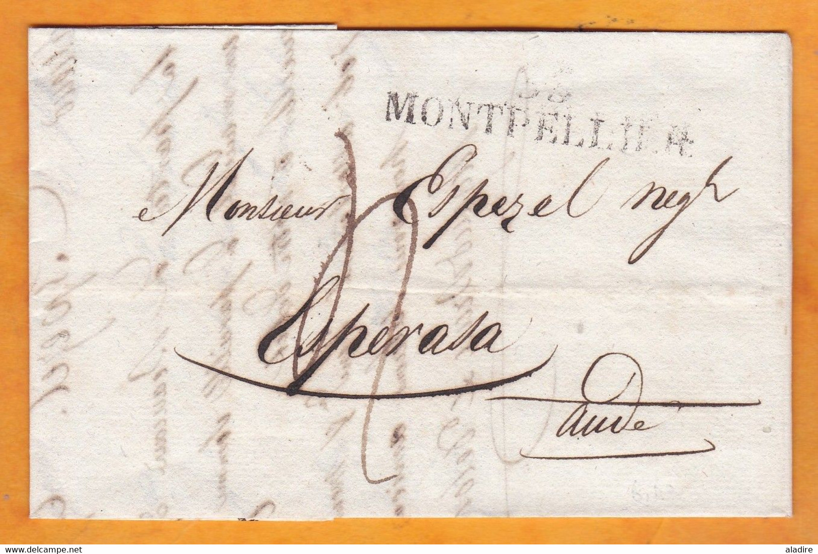 1822 - Marque Postale 33  Montpellier, Hérault Sur Lettre  Pliée Vers Esperaza , Aude - Espezel  /  Rigaud - 1801-1848: Précurseurs XIX