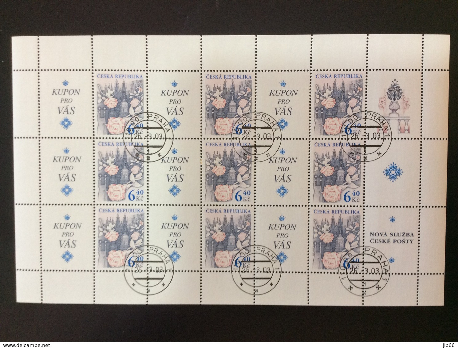 2003 Feuillet YT 328 Oblitéré De 9. Timbres Rose Au-dessus De Prague Statue D’ Atlas Clementinium - Blocks & Sheetlets