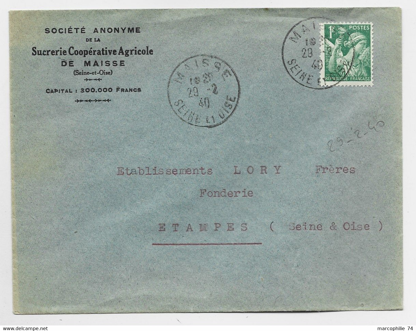 IRIS 1FR VERT LETTRE MAISSE 29.2.1940 SEINE ET OISE - 1939-44 Iris