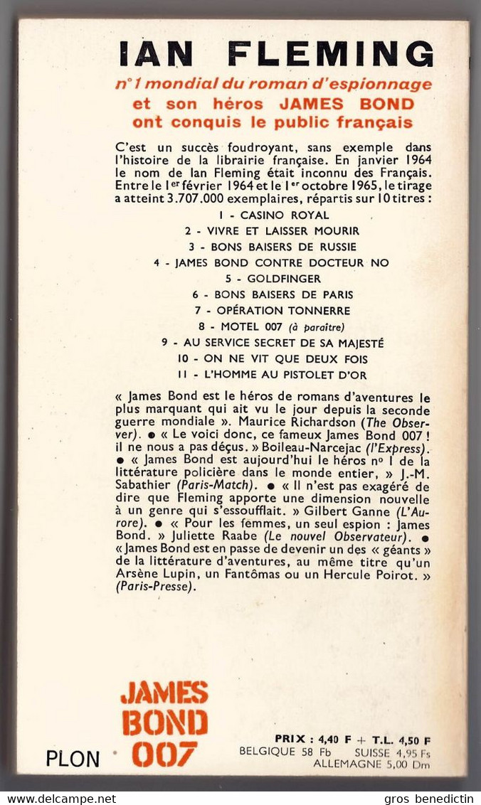 Espionnage - James Bond 007 - Ian Fleming - "L'homme Au Pistolet D'or" - 1965 - Plon - #Ben&Bond - Plon