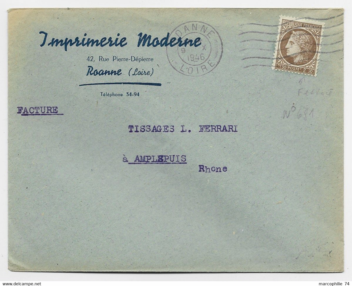 MAZELIN 2FR50 VARIETE F ABSENT SEUL LETTRE ROANNE 9.X.1946 TARIF FACTURE - 1945-47 Ceres Of Mazelin