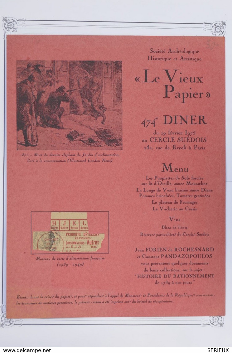 & FRANCE LE VIEUX PAPIER MENU ORIGINAL  1975 + CERCLE SUEDOIS  CARTE RATIONNEMENT  +PAS COURANT +ENSEMBLE  PLAISANT - Menus