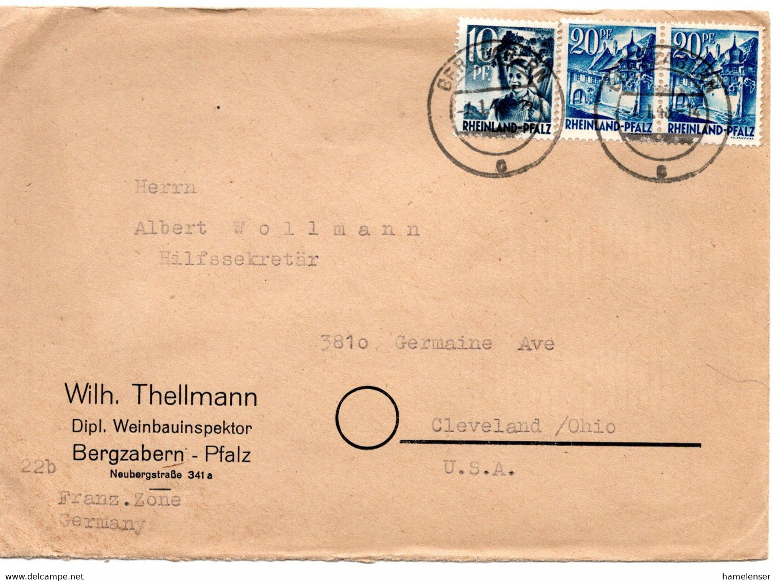 57393 - Frz. Zone / Rheinland-Pfalz - 1948 - 2@20Pfg MiF A Bf BERGZABERN -> Cleveland, OH (USA) - Rijnland-Palts