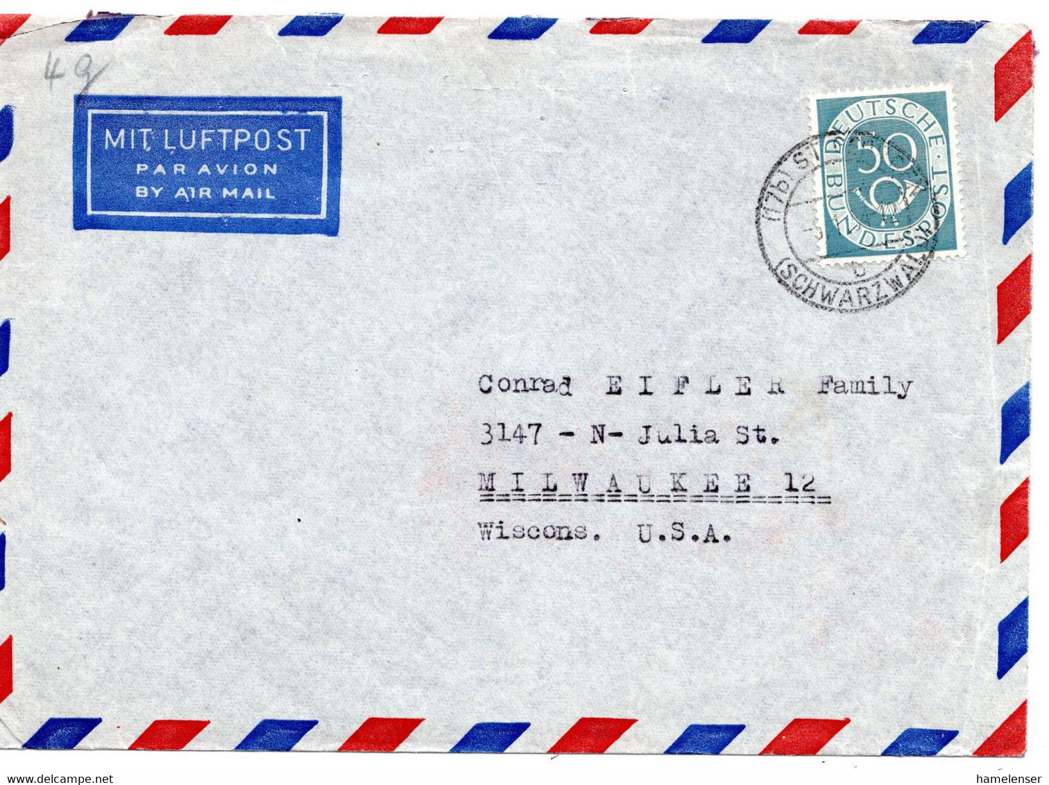 57394 - Bund - 1954 - 50Pfg Posthorn EF A LpBf ST. GEORGEN -> Milwaukee, WI (USA) - Covers & Documents