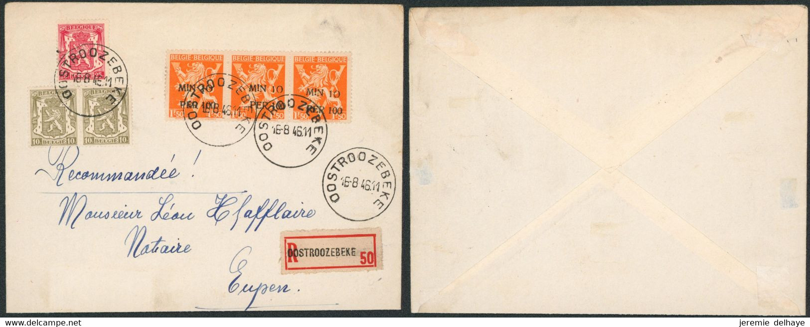 Affranch. Mixte (-10%) Sur L. En Recommandé De Oostroozebeke (1946) > Eupen, Notaire - 1946 -10%
