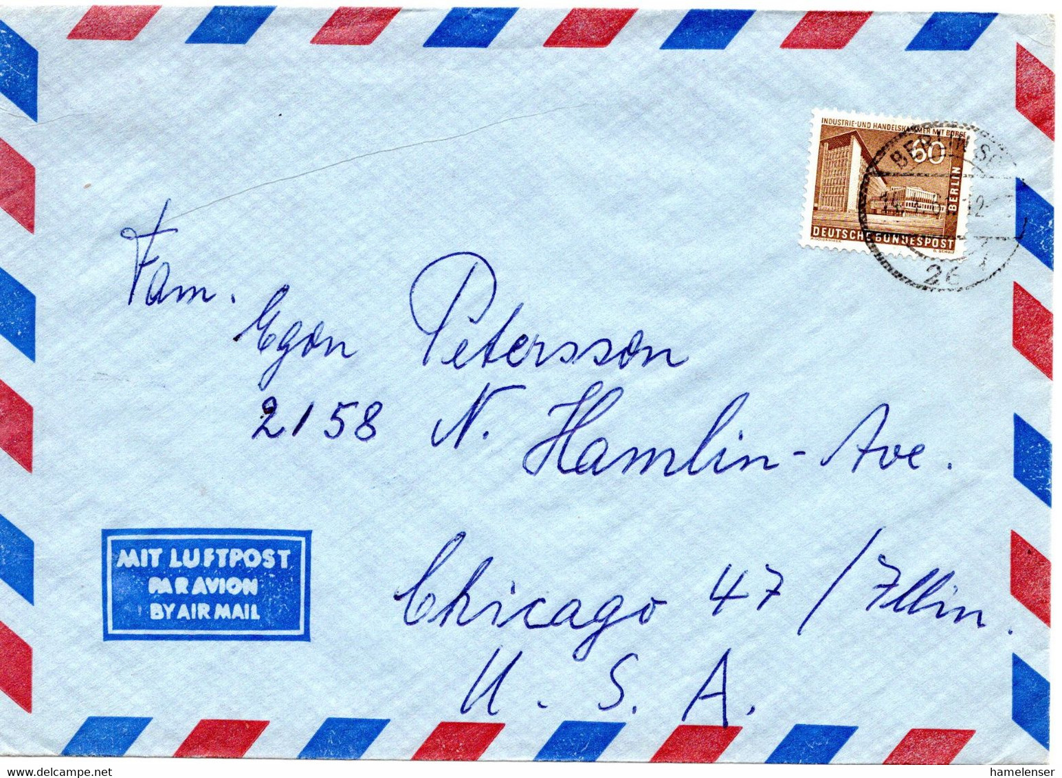 57415 - Berlin - 1961 - 60Pfg. Bauten EF A LpBf BERLIN -> Chicago, IL (USA) - Lettres & Documents