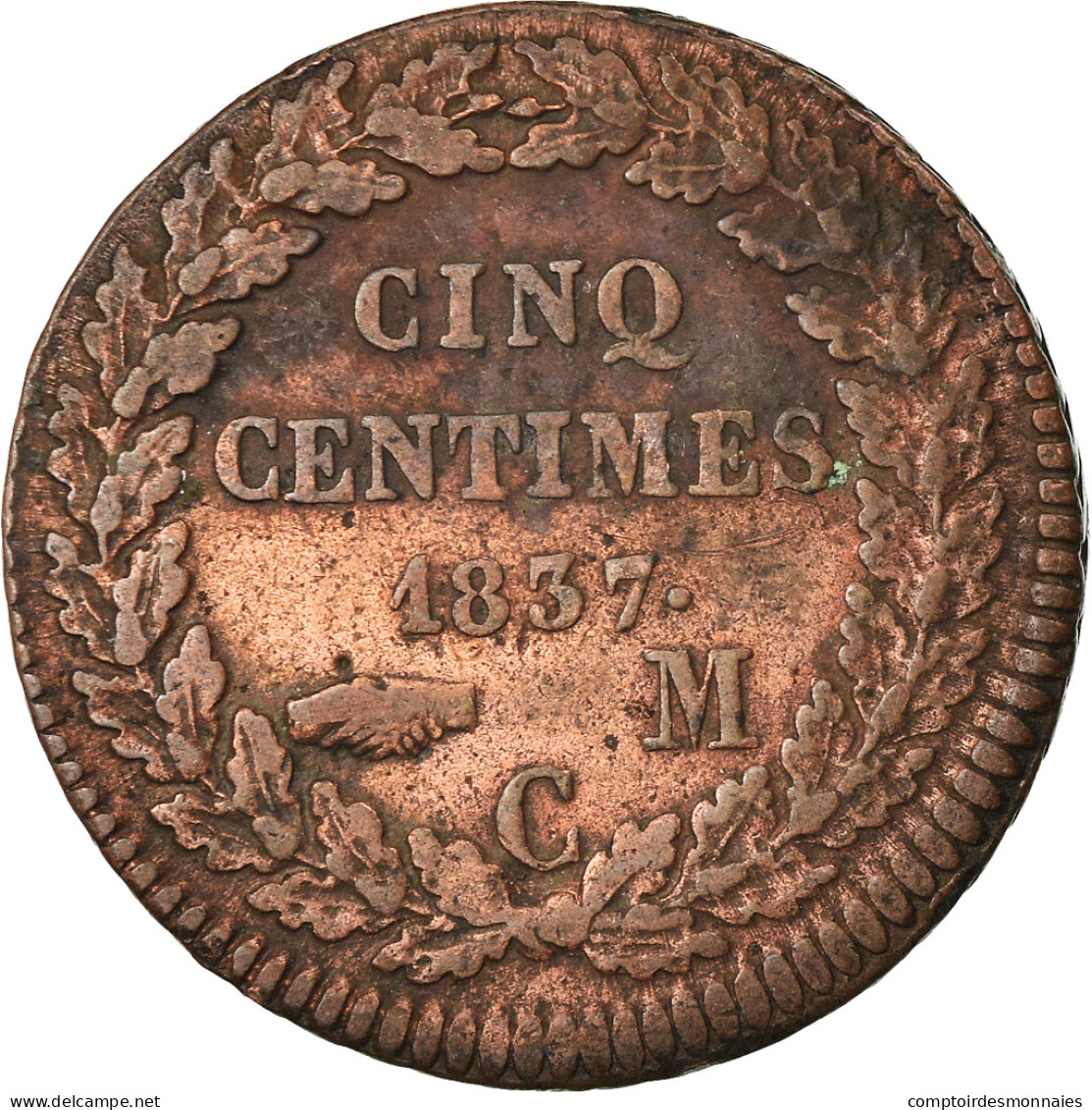 Monnaie, Monaco, Honore V, 5 Centimes, Cinq, 1837, Monaco, TB+, Cuivre - 1819-1922 Onorato V, Carlo III, Alberto I