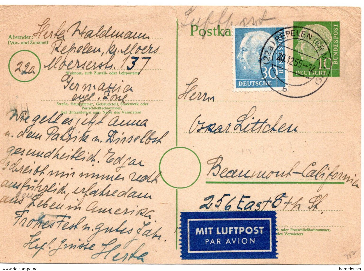 57427 - Bund - 1955 - 30Pfg. Heuss I A 10Pfg. GAKte (kl. Riss Oben) Per Luftpost REPELEN -> Beaumont, CA (USA) - Cartas & Documentos