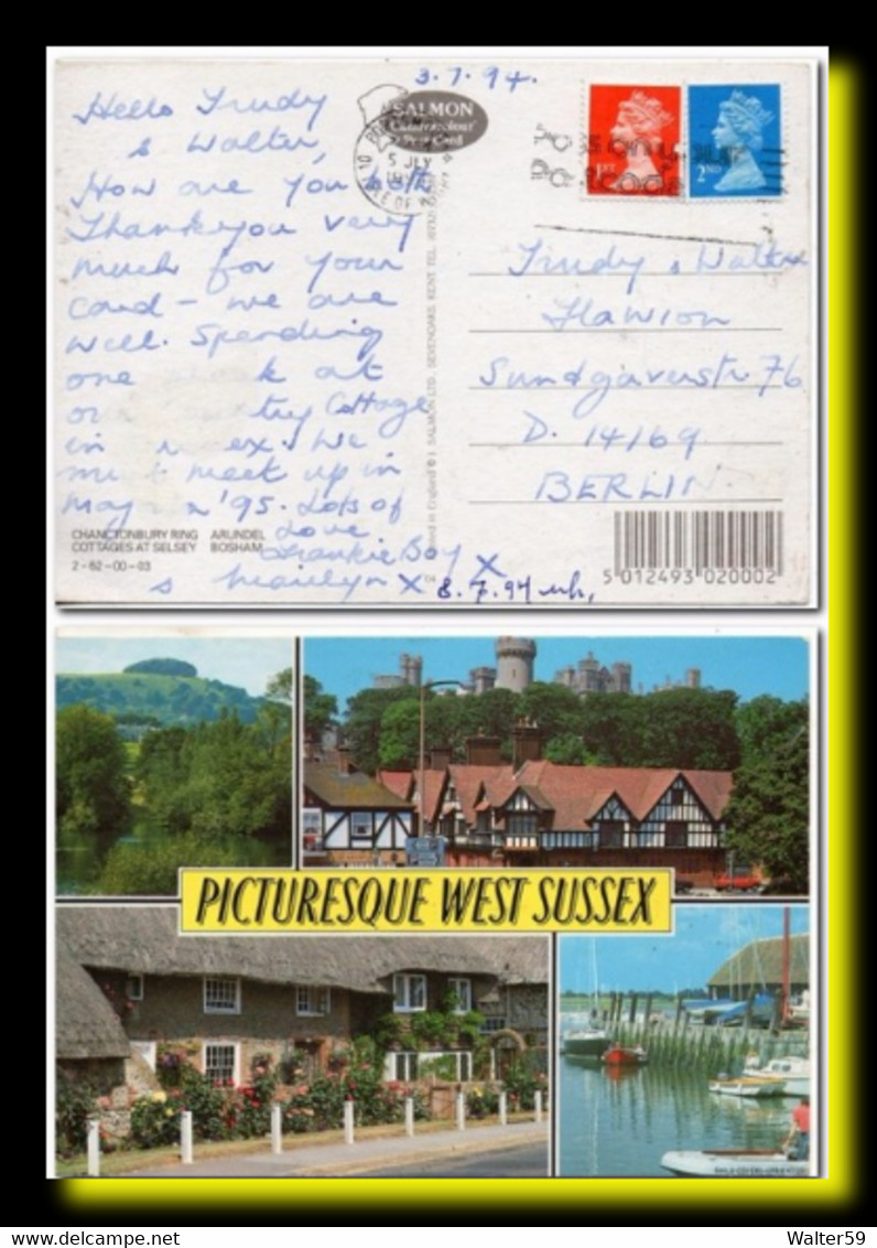 1994 UK Great Britain Postcard Multiview West Sussex Posted Portsmouth To Germany Slogan - Arundel