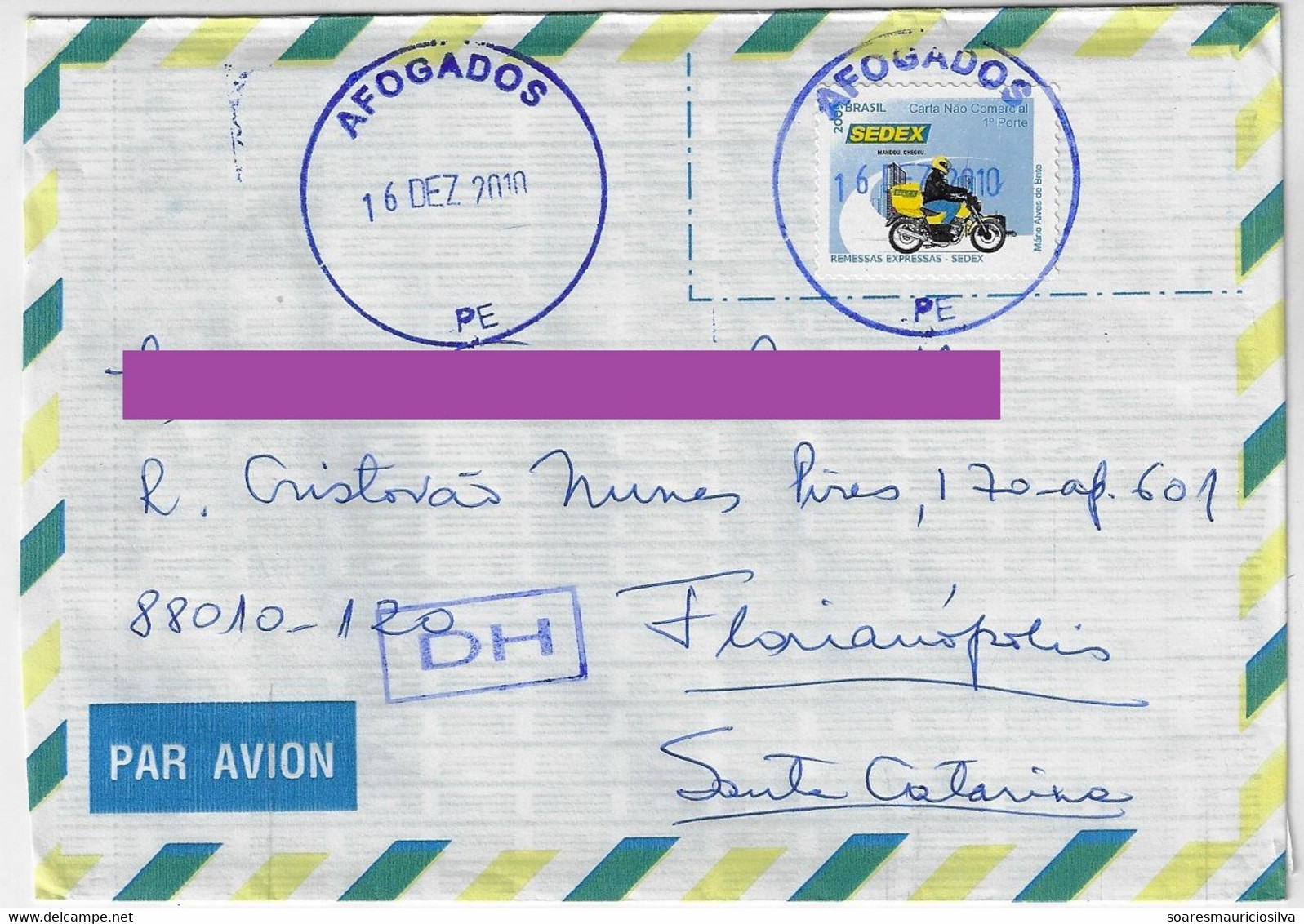 Brazil 2010 Cover From Afogados = Death By Drowned District Of Recife City To Florianópolis Cancel DH = After The Hour - Lettres & Documents