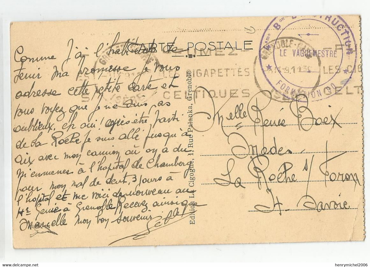 Marcophilie Grenoble 1939 Cachet 4em Bataillon D'instruction Formation Le Vaguemestre Pour La Roche Sur Foron 74 - Guerre De 1939-45