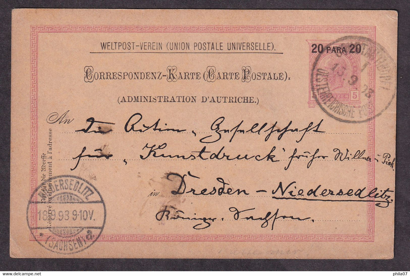 KONSTANTINOPOL - Austria Mail, Stationery Sent To Dresden 15.09. 1893. - Autres & Non Classés