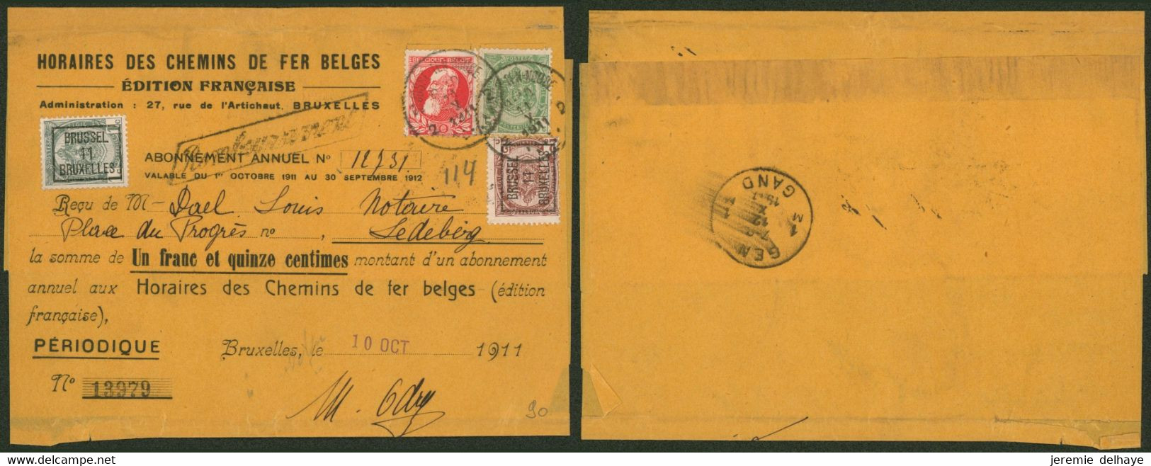 Préo Typo "Brussel 11 Bruxelles" Sur 1 & 2ctm Armoiries Sur Manchon "Horaires Des Chemins De Fer Belges" + Affrach. Comp - Typo Precancels 1906-12 (Coat Of Arms)