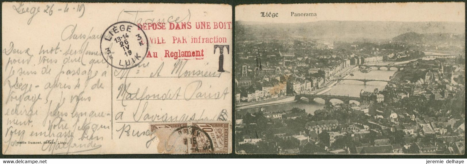 Fortune - CP Non Affranchie (Liège 1919) Déposé Dans Une Boite.. Par Infraction Au Reglement > France + Taxe à 20ctm - Noodstempels (1919)