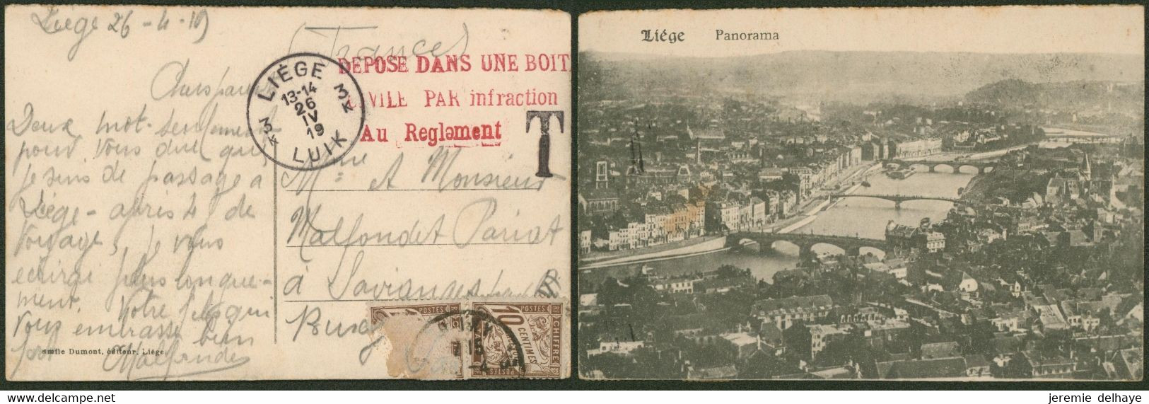 Fortune - CP Non Affranchie (Liège 1919) Déposé Dans Une Boite.. Par Infraction Au Reglement > France + Taxe à 20ctm - Fortune Cancels (1919)