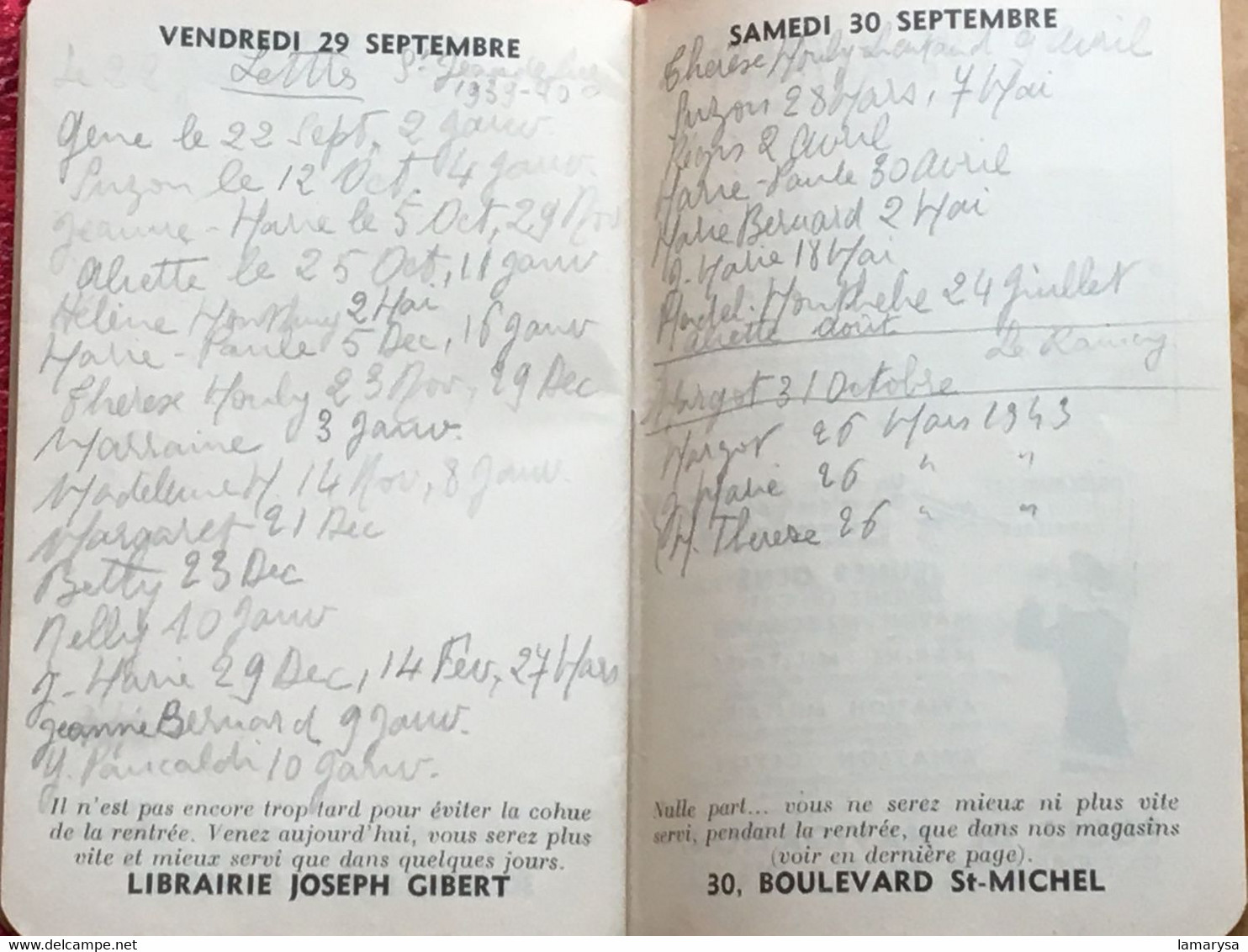 1938/39-Agenda scolaire Le Raincy(Seine & Oise)-☛Bloc-Note Antoinette V-Pub Pierrot gourmand-Libraire Bd St Michel Paris