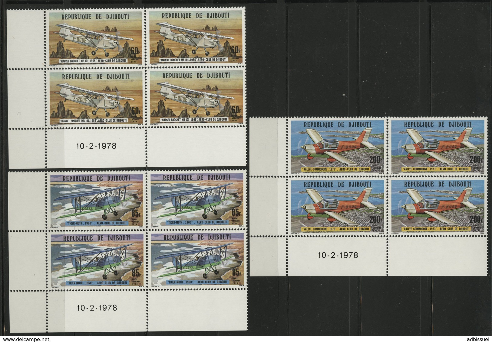 DJIBOUTI POSTE AERIENNE COTE 32 € SERIE N° 116 à 118 **. BLOCS DE QUATRE,  AERO CLUB DE DJIBOUTI. TB - Djibouti (1977-...)