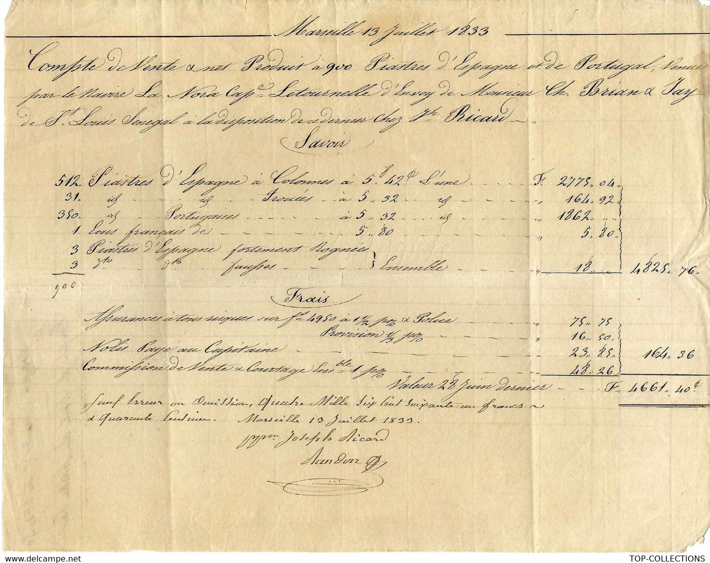 1833  NAVIGATION  NEGOCE MARITIME  BANQUE ST LOUIS  Sénégal NAVIRE LA NORA ARGENT PIASTRES Espagne & Portugal - Documents Historiques