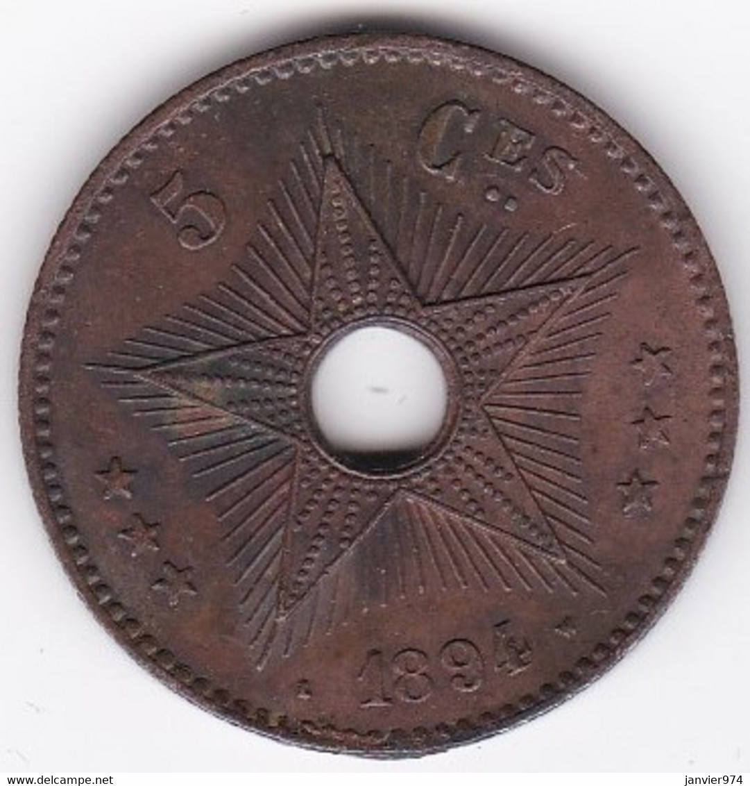 Congo-Belge. 5 Centimes 1894,  Leopold II, En Cuivre , KM# 3 - 1885-1909: Leopold II