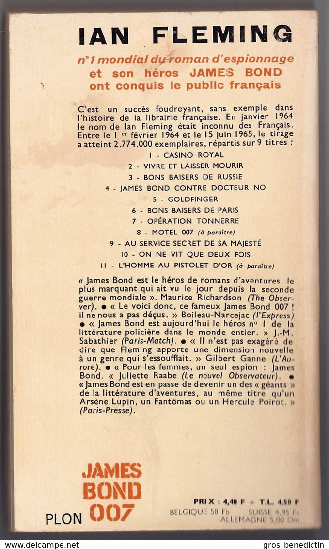 Espionnage - James Bond 007 - Ian Fleming - "Opération Tonnerre" - 1965 - Plon - Plon